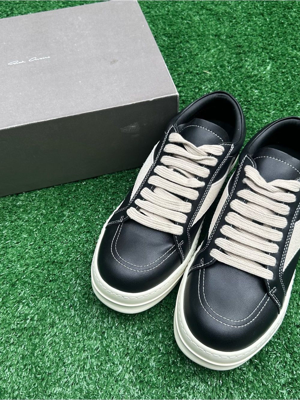 Rick Owens Black Leather Sneakers with Cream Laces